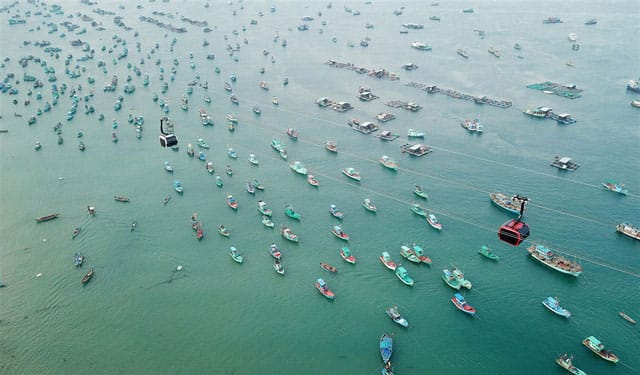 Những chiếc tàu đánh cá đầy màu sắc trên mặt biển xanh.