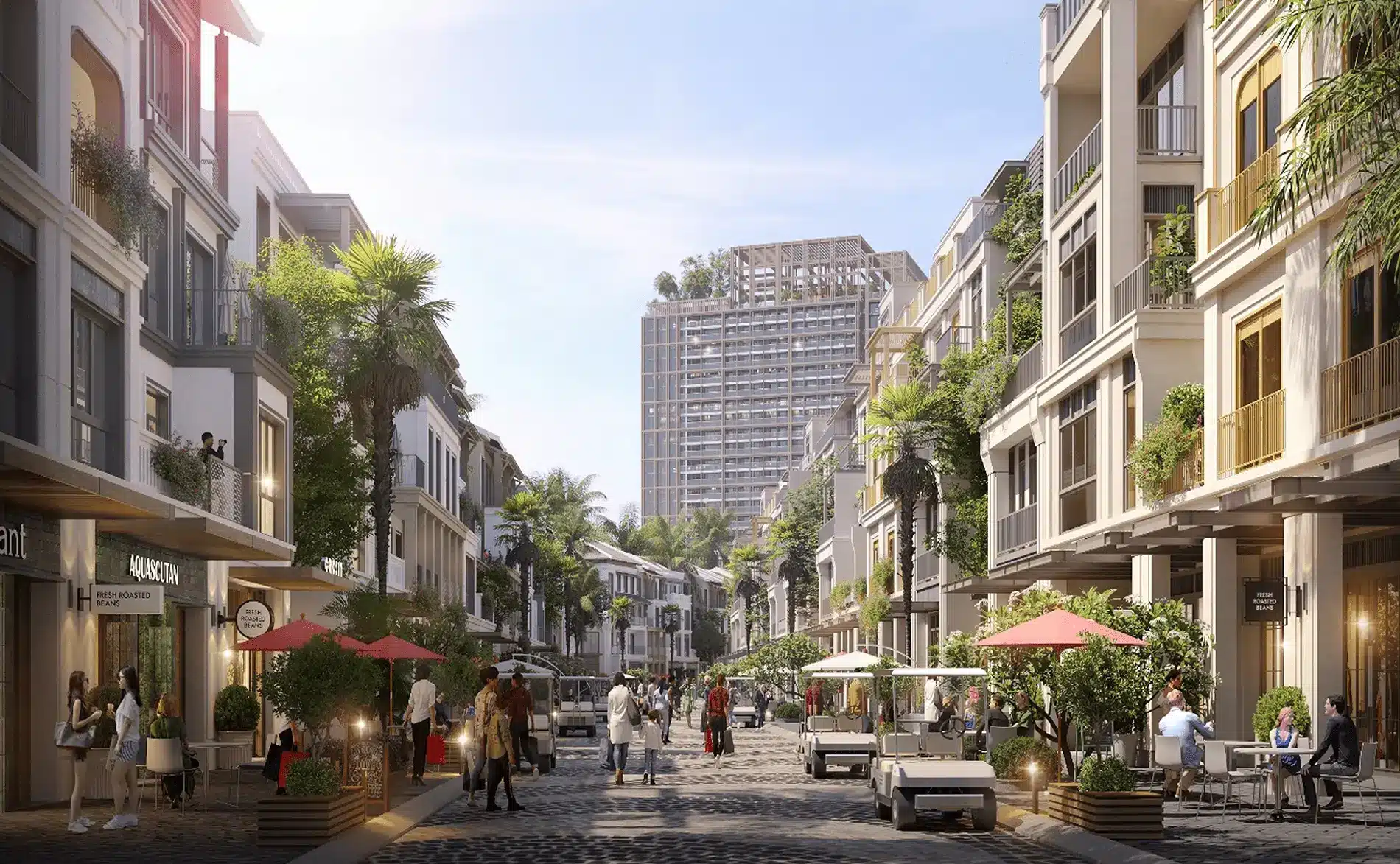 Hình ảnh phối cảnh các căn Shophouse Sun Cát Bà mang đến tiềm năng kinh doanh.